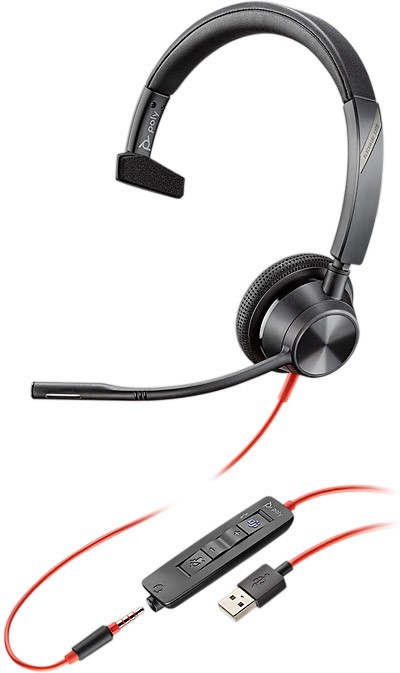 Poly Blackwire 3315 Monaural Microsoft Teams Certified USB-C Headset +3.5mm Plug +USB-C/A Adapter