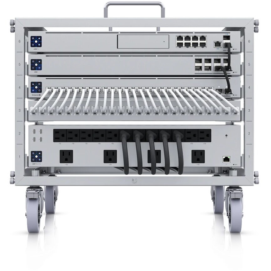 "6U-sized device rack with a 24-port bla